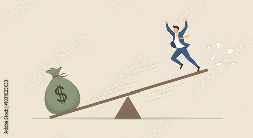 Achieving Financial Equilibrium A Man's Triumph Over Money Baggage Symbolic of Success and Stability Depicts Balancing Act Between Ambition and Prudent Wealth Management