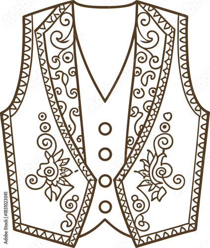 Embroidered traditional vest outline with floral ornament and decorative folk pattern design