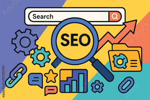 Search engine optimization concept with magnifying glass and growth chart