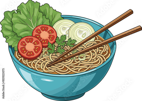 Delicious Asian noodle soup in blue bowl with fresh vegetables, herbs, chopsticks, culinary presentation, traditional cuisine, healthy food concept