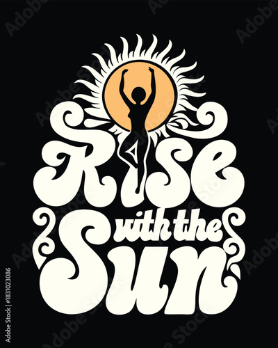 Silhouette woman balances in yoga pose before the sun amid psychedelic lettering
