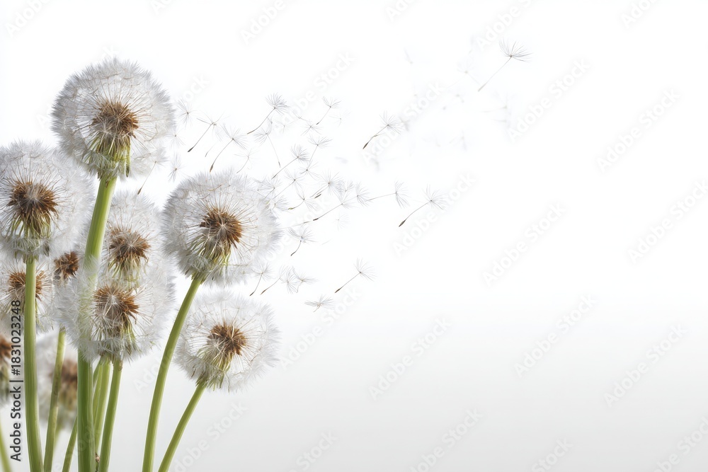 Fototapeta premium Dandelion seeds gently blowing in the wind against a soft white background, symbolizing nature's beauty
