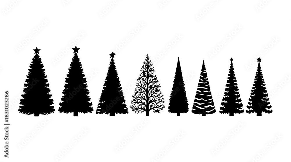 Obraz premium Collection of diverse christmas tree silhouettes, holiday vector icons, festive evergreen fir shapes