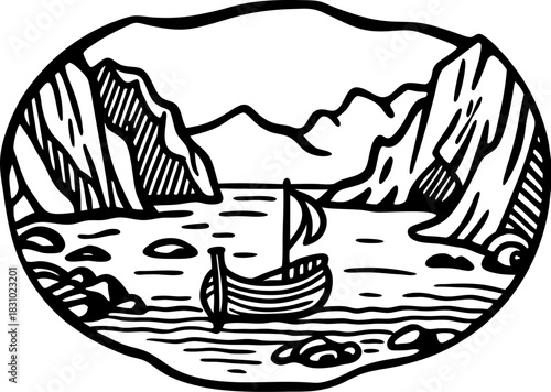 viking longship on rocky fjord with mountains and calm water in retro monochrome illustration