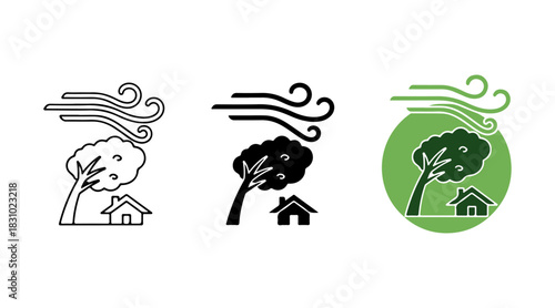 Strong wind blowing icon depicting severe weather, storm, natural disaster, and potential damage to property and environment.