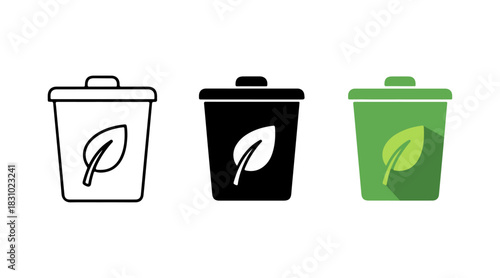 Eco-friendly recycle bin icon set for waste management and environmental sustainability concept