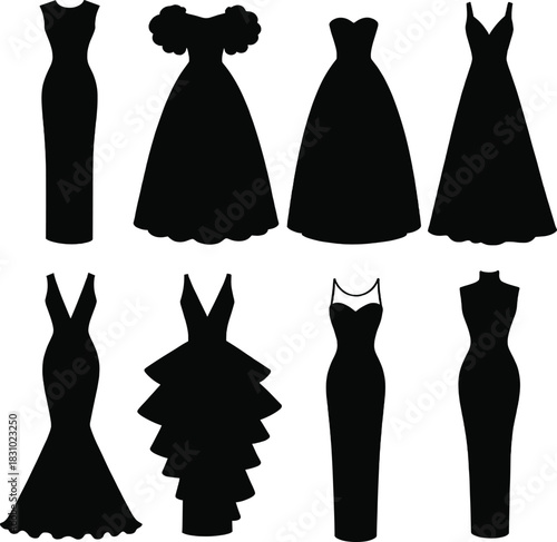Elegant dress silhouette vector set, fashion design template, black gown styles, stylish outfit collection, modern apparel illustration, trendy clothing shapes**