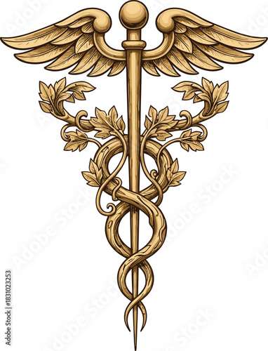 Elegant caduceus symbol with serpents and wings, ornate staff design, Greek mythology Hermes icon, decorative medical commerce vector illustration