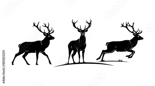 Set of three deer stag silhouettes, depicting various poses like walking, standing, and running