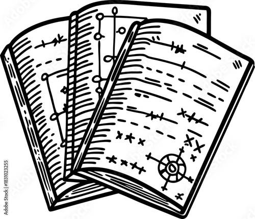 Strategic playbooks with tactical diagrams and game plans, hand drawn illustration
