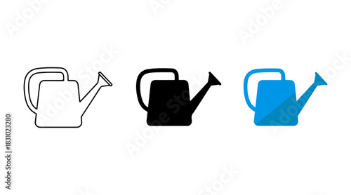 Watering can icons set. garden tool outline, solid black silhouette, and vibrant blue graphic illustration.