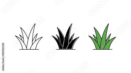 Grass plant icon set with outline, solid black, and vibrant green color vector illustrations
