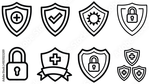 Security and protection icon set, featuring shields, locks, and health symbols, representing safety, data protection,  and trustworthiness, ideal for digital interfaces, apps, websites, 