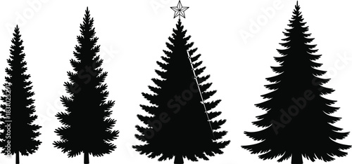 Evergreen tree silhouette vector, coniferous forest icons, Christmas tree with lights, festive nature illustration, black pine tree design set