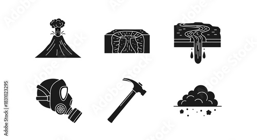 Visualize environmental impact with compelling icons showing volcano, sinkhole, toxic waste, gas mask, hammer, and pollution cloud