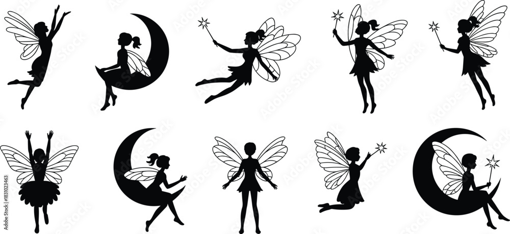 Naklejka premium Fairy, silhouette, wings, magic, wand, moon, flying, sitting, fantasy, enchanted, mystical, cartoon, illustration, pose, black, whimsical, star, night, magical, design