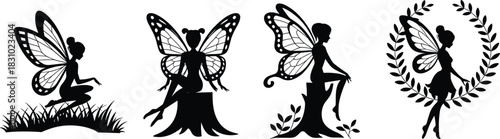 Fairy, silhouette, wings, fantasy, magical, nature, whimsical, black, white, illustration, grass, tree stump, pose, enchanted, mystical, flying, sitting, standing, wreath, elegant