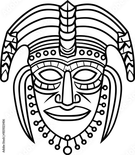 African tribal ceremonial mask with ornate headdress and geometric decorative patterns illustration