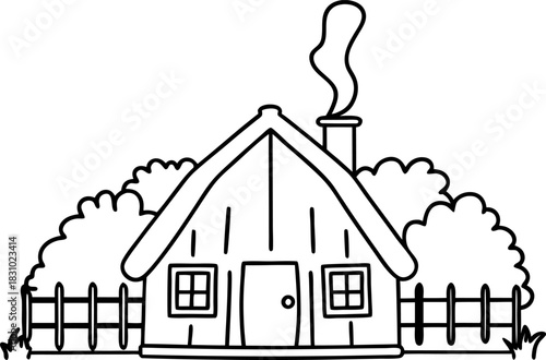 Cozy countryside wooden cabin with smoking chimney, garden bushes and picket fence in simple line art illustration