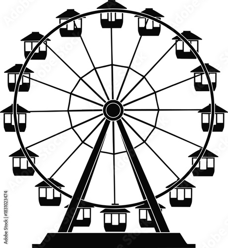 Ferris wheel silhouette illustration, amusement park ride design, carnival attraction artwork, leisure entertainment symbol, fairground icon, black and white vector
