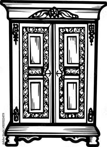 Vintage ornate wooden wardrobe with carved decorative details and classic antique design