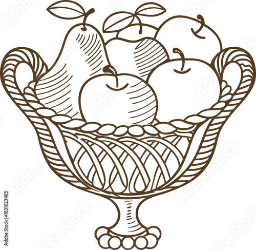 Ornate fruit bowl with apples and pear elegant line art still life illustration in vintage