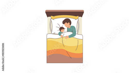 Father and Young Child Co-Sleeping in Bed, Top View Illustration of Parental Bonding and Safe Rest