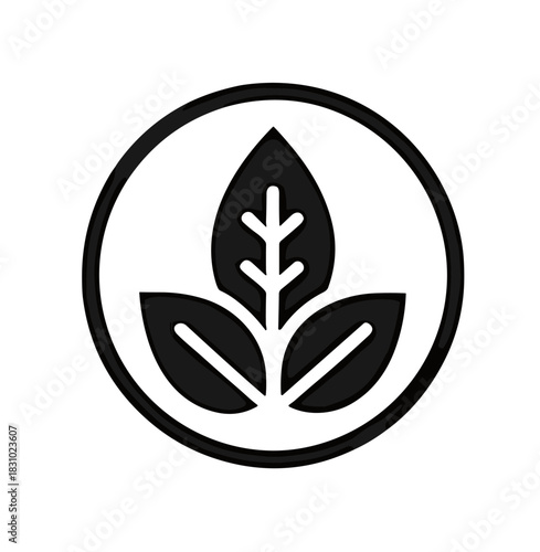 Elegant black leaves icon inside circle conveys eco-friendly sustainability for branding and logo design projects, simple botanical elegance