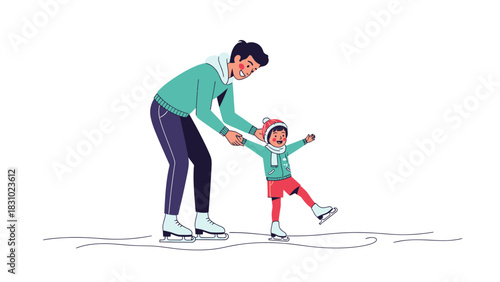 Joyful Father Teaches Child Ice Skating. Winter Family Activity, Support, and Learning Concept Vector Illustration.