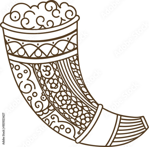 Decorative horn of plenty with intricate patterns and abstract floral harvest elements