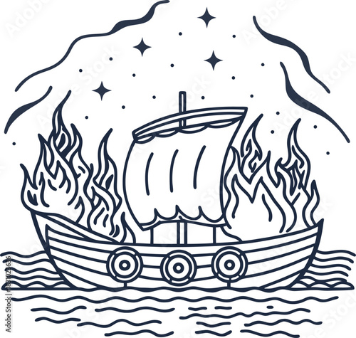 burning viking longship on sea waves with flames, stars and smoke in minimalist line art