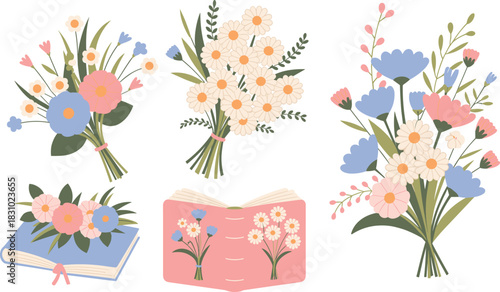floral bouquet and book set, pastel flower arrangements, daisy pink blue blossoms, nature literature fusion, decorative spring vector illustration