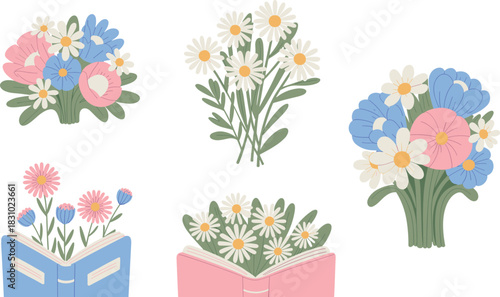 floral bouquet collection, blooming books illustration, pink blue white flowers, daisy bouquet art, nature and literature fusion, decorative vector design