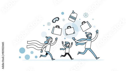 Energetic Family Runs to Grab Winter Holiday Shopping Deals and Sales, Surrounded by Flying Bags and Snowflakes.