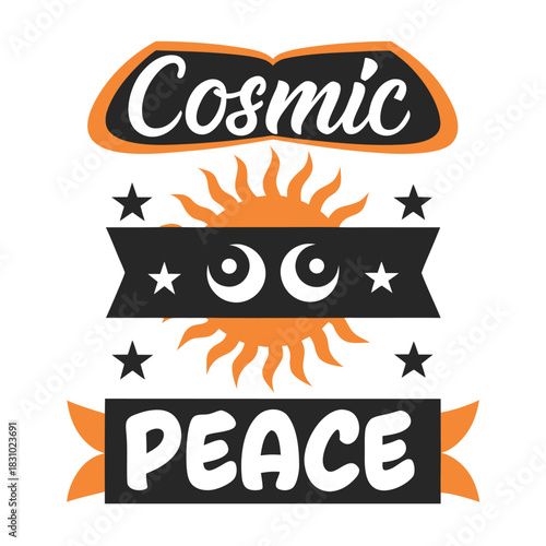 Cosmic peace is represented with celestial symbols and stars using creative design elements