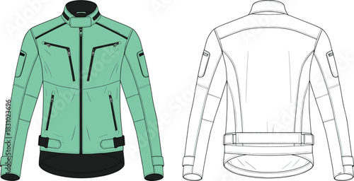 Technical flat sketch of a streamlined motorcycle riding jacket with zipper pockets, snap collar, and adjustable waist belt