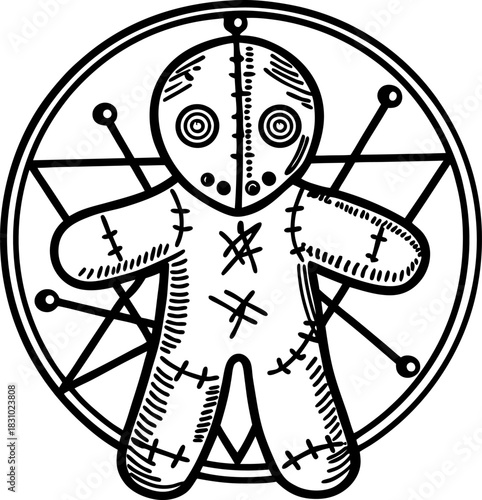 voodoo doll with stitched patches and pins inside occult magic pentagram circle symbol illustration