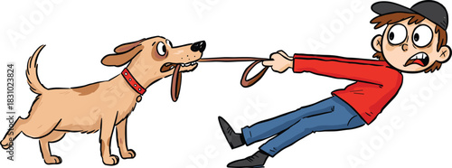 Funny dog pulling man, cartoon pet illustration, energetic dog walk, leash humor vector, pet owner moment, faceless character art