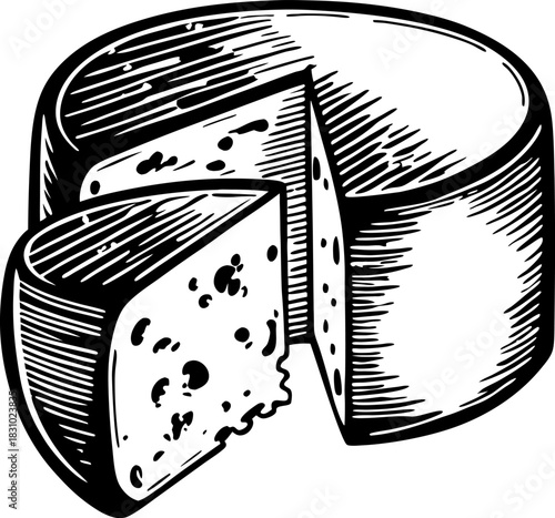Whole round cheese wheel with cut wedge slice and detailed vintage engraving illustration