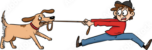 Funny dog pulling man, cartoon pet moment, energetic leash tug, humorous dog walk, pet owner struggle, faceless character vector art