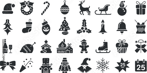 Collection of black silhouette icons for christmas holiday celebration
