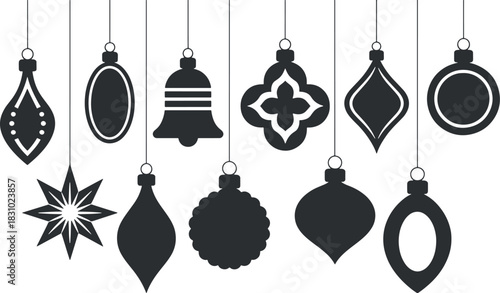 Collection of various black silhouette christmas ornament shapes