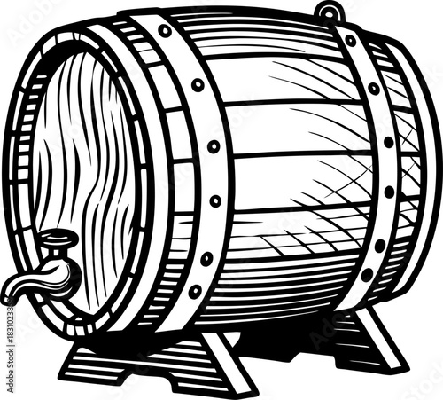 Wooden barrel with tap on stand vintage hand drawn container illustration, rustic brewing storage