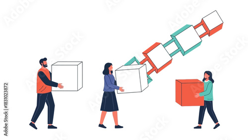 Team Collaboration Building Blocks: People Link Cubes to Form a Conceptual Chain Structure Representing Data, Blockchain, or Supply Chain.