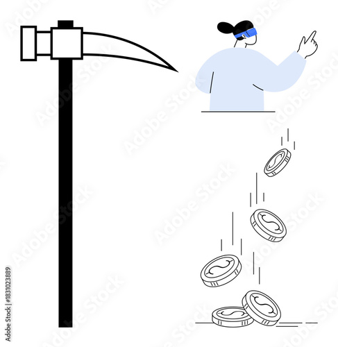 Mining pickaxe, person wearing safety gear, and coins falling in sequence. Ideal for cryptocurrency, mining, technology, blockchain, economy investment innovation. A simple flat metaphor