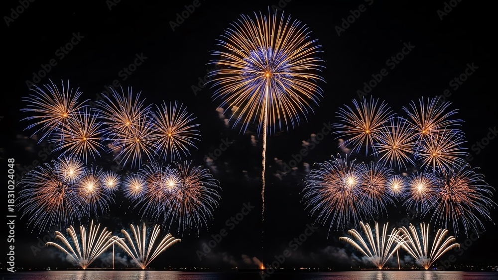 Fototapeta premium Fireworks display over dark water at night