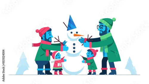 Happy Family Collaboration: Two Dads and Kids Building a Snowman on a Winter Day. Flat Vector Illustration of Festive Holiday Fun.