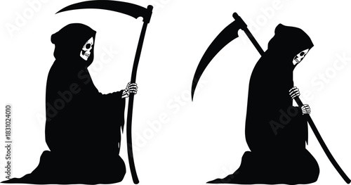 Grim Reaper kneeling illustration, dark hooded cloak, skeleton figure holding scythe, death symbolism, spooky fantasy art, Halloween concept, gothic design