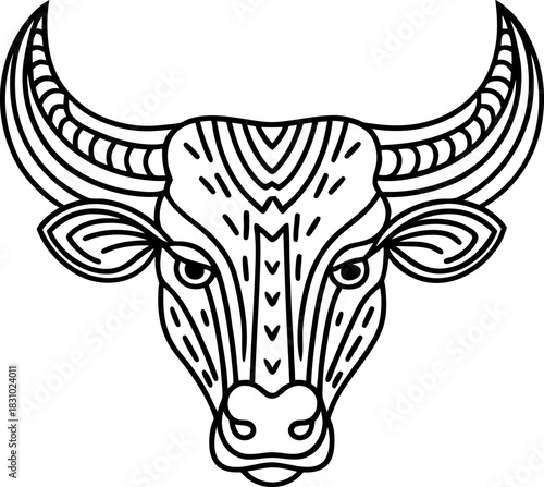Bull head line art illustration with ornate decorative patterns for coloring and design projects