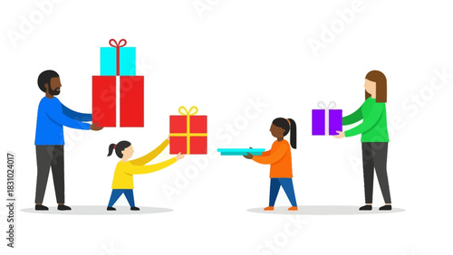 Diverse Group of People Exchanging Colorful Gifts: Generosity, Sharing, and Community Celebration